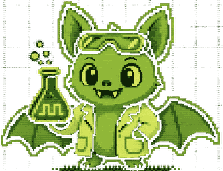 Echo, the blip8 bat, in a lab coat holding a beaker
